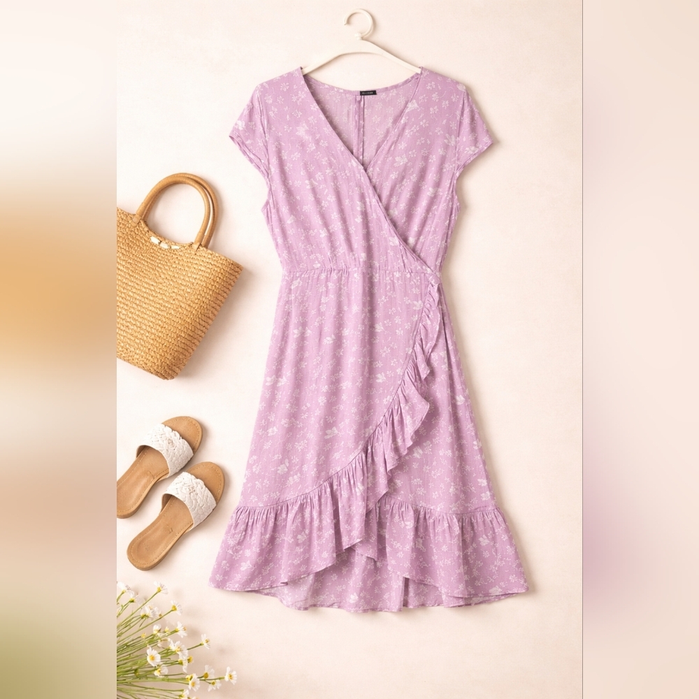 J.Crew Lavender Floral Wrap Dress Ruffle Hem Cottagecore Midi Size 14